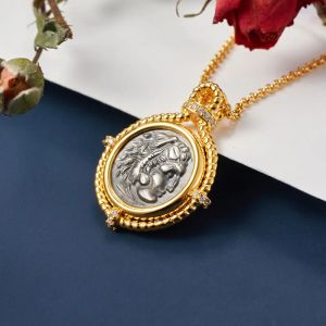 Colliers Byzantine Solid 925 Silver Greek Antique Coin Replica Pendant 18K Gol Tone Roman Sculptures Colliers Colliers Corde C11N3S26056
