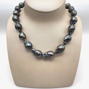 Collares Color negro de color gris barato de 1322 mm forma de bola de llama nucleada collar barroco agua dulce 100% perlas naturales