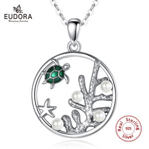 Colliers Eudora 925 Silver Silver Seafeed Ocean Sea Turtle Pendants Collier avec émail vert perles Bijoux pour femmes D593