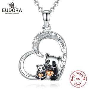 Colliers Eudora New 925 Silver Silver Funny Panda Pendant Heart Collier Sterling Silver Jewelry for Women Exquis Party Gift D614