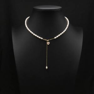Collares Diseño de corazón Precioso collar de perlas de tamaño pequeño con forma de arroz hecho a mano de 56 mm blanco Akoya natural relleno de oro de 14 quilates Envío gratis