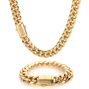 Colliers Hip Hop 18 carats plaqué or PVD collier en acier inoxydable fermoir à pression hommes Miami chaîne à maillons cubains bijoux pour cadeau