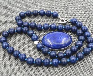 Colliers bijoux livraison gratuite nouveau 10mm bleu égyptien Lapis Lazuli perles pendentif ovale collier 18