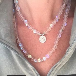 Collares KO40G5 Collar elástico con cuentas de cristal Aura para mujer y niña, cuentas luminosas de 8mm, redondas, mate, cuarzo místico, joyería brillante, piedra lunar