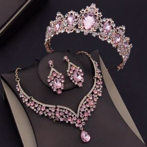 Collares de joyería de novia de cristal rosa de lujo para mujeres Tiaras Collar collar