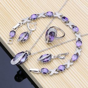Colliers Natural Purple Amethyst White Topaz Silver 925 Bijoux Set Gem Stone Birthstone Exquis Lady Earge Bring Ring Collier Kit de mode