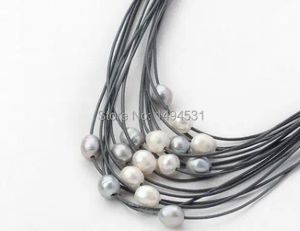 Collares Collar de perlas MultiStrand 1112mm Blanco Gris Multicolor Perla de agua dulce Collar de cuero Cierre magnético Joyería de mujer