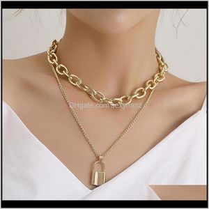 Collares Colgantes Joyeríavintage Aluminio Grueso Cadena Cerradura Colgante Mujeres Doble Capa Temperamento Geométrico Clavícula Collar Joyería Ko