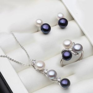 Collares de moda 925 plateado collar de perlas de agua dulce natural y aretes con anillo blanco blanco
