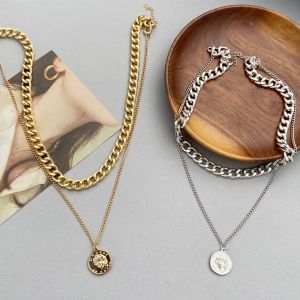 Collares Vintage Color de oro Color de plata múltiples Collares de monedas en capas para mujeres Collar de gargantilla de cadena de hiphop