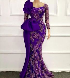 NElegant robes de soirée violettes africaines manches longues encolure dégagée dentelle appliques sirène robes de bal avec nœud vestidos de fiesta