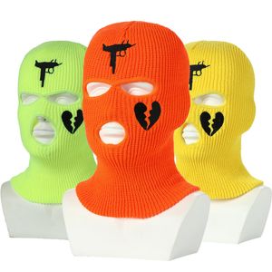 Cagoule néon, bonnet à trois trous, masque de ski, chapeau d'hiver en acrylique tricoté, masque de sport, masque de ski, snowboard, casquette coupe-vent, masques de police, cyclisme, moto, cœur brodé