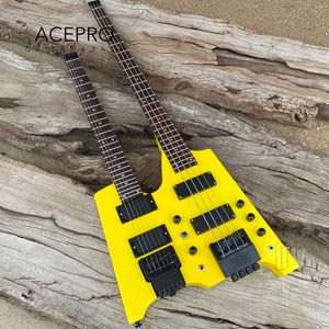 Neon Yellow Double Neck Headless Guitare Électrique Tremolo Bridge Guitare 6 Cordes + Combo Basse 4 Cordes 24 Frettes Matériel Noir