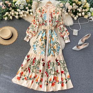 Neploe automne Chic ceintures fleur imprimer robes femmes exquis bouton Vintage robe col montant taille mince Vestidos 210423