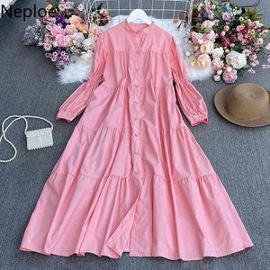 Neploe Maxi Vestidos para mujer Puff manga elegante bata larga moda coreana Vestidos femeninos de talla grande vestido mujer ropa 210422