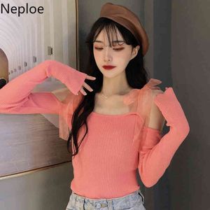 Neploe Sweet Knitwear Sweater Mujer Patchwork Gasa Knit Cropped Pullovers Sexy Slash Neck Off Shoulder Jumper Tops Mujer 4H384 210422