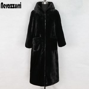 Nerazzurri abrigo largo de piel sintética de invierno con capucha de manga larga con cremallera negro peludo de piel de conejo falso outwear más el tamaño de la chaqueta shealing T200907
