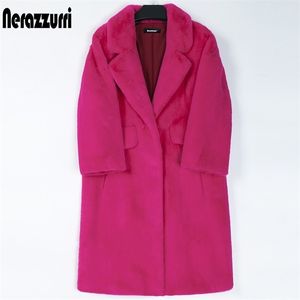 Nerazzurri Winter long faux fur coat women lapel Plus size outerwear for women 4xl 5xl 6xl Warm soft fluffy fur coats for women 201214