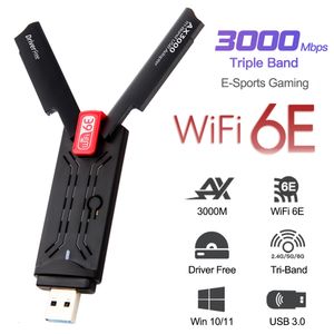 Network Adapters AX3000 USB 3.0 WiFi Adapter 3000Mbps WiFi 6E Network Card Tri-Band 2.4G 5G 6G Wifi Receiver Dongle For Windows 10 11 Driver Free 230701
