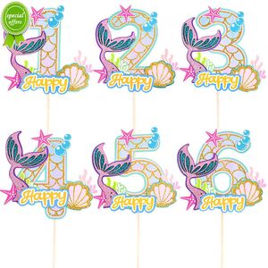 Nuevo 1-9 Glitter Mermaid Tail Cake Topper Girls Mermaid Party Supplies Kids 1st Birthday Party Baby Shower Decoración bajo el mar