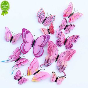 Nuevo 12 Uds 3D doble capa mariposas pegatinas de pared decoración para sala de estar boda niños habitación decoración DIY pared arte imán pegatinas