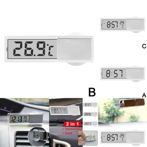 Thermomètre d'intérieur de voiture Portable 2 en 1, écran LCD, Type ventouse, accessoires d'horloge transparents, ornement L1f8