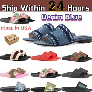 Designer Slippers Sandales Sandales en caoutchouc Web Slide en caoutchouc Denim Blue Rose Black Toile florale Blue Fleurs Green Prive Print Men Slipper Femmes Sandale Casual Sandal Shoe