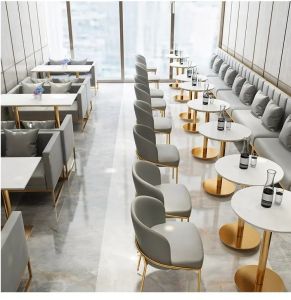 NOUVEAU 2024 Modern Luxury Cafe Restaurant Coffee Shop Dining Meuble Mobasing Booth Golden Metal Frame Table and Chairs Ensembles