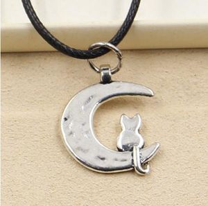 Nuevo 20 unids/lote collar de plata tibetana con forma de gato y Luna, Gargantilla con dije, collar de cordón de cuero negro DIY