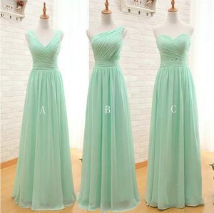 Nouveau 3 styles vert menthe longue robe de demoiselle d'honneur en mousseline de soie pas cher une ligne plissée-parole longueur robes de demoiselle d'honneur moins de 100