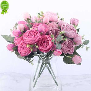 Nouveau Bouquet de fleurs artificielles de silk rose rose 30cm Bouquet 5 Big Head et 4 Bud Fausses pas cher fleurs pour la décoration de mariage à l'intérieur