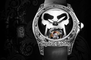 Nuevo 45 mm Admiral's Cup Bubble Tattoo Carving Punk Caja de acero Dial negro Big White Skull Automatic Tourbillon Reloj para hombre Caucho para Puretime