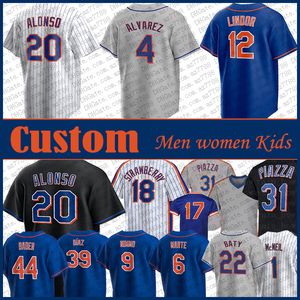 Francisco Lindor Pete Alonso Custom Ny Mets Jersey de béisbol Brandon Nimmo Francisco Alvarez Brett Baty Starling Marte Harrison Bader Darryl Strawberry Mike Piazza