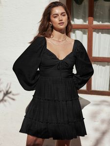 Nuevo Arival vestido Casual de mujer elegante linterna de manga larga falda básica con cuello en V cintura de Color sólido ropa de otoño de talla grande