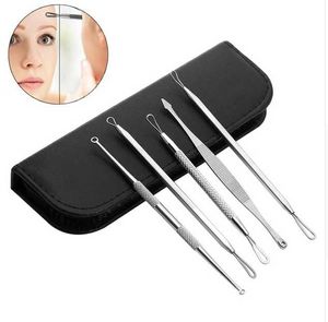 Drop Ship DHL 5Pcs / Set Kit d'outils de suppression de points noirs professionnels Kit de soins de la peau Blemish Extracteur de boutons d'acné avec sac en cuir Beauté