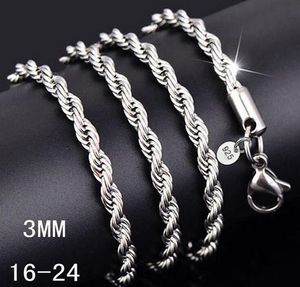 Cadenas de collar de plata de ley 925 de 3MM, 16-30 pulgadas, collares de cadena de cuerda con abalorio de moda bonitos y bonitos, accesorios de joyería DIY