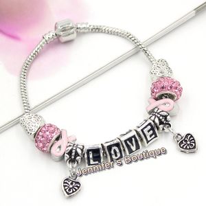 Livraison Gratuite Nouvelle Arrivée Sensibilisation Au Cancer Du Sein Bijoux DIY Interchangeable Ruban Rose Lettre Amour Coeur Charme Bracelet Bijoux En Gros