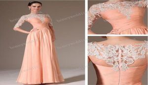 Nueva llegada Vestidos de dama de honor Gasa Encaje Melocotón Color de la funda Vestidos de noche de media manga Sheer Bateau Neck Largo honor de Maid Dres3096186