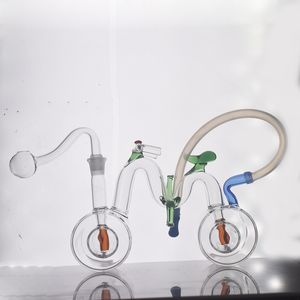 Nueva llegada Quemador de aceite de vidrio Bong Hookah Bubbler Forma de bicicleta con doble matriz Perc Honeycomb Glass Ash Catcher con 10 mm Macho Quemador de aceite Tubo Precio al por mayor