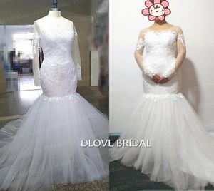 Nueva llegada de encaje romántico Tul Mermaid Vestidos de novia con mangas largas Ilusión Via a través de la novia Vestido de novia R1780686