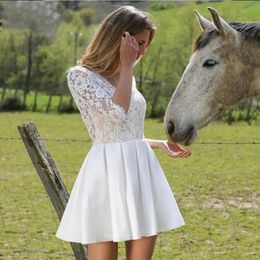Nouveauté robe de mariée courte 2024 a-ligne col en v dentelle demi manches genou longueur dos ouvert robe de mariée Boho plage Robes de Mariage