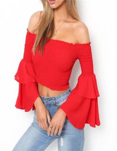 Nouveauté femmes mode hors épaule haut volant Flare manches Blouse été Sexy haut court rouge jaune Slash cou Women6115471