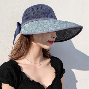 Chapeau de soleil à Large bord pour femmes, nouvelle collection d'été, pliable, avec nœud papillon, décor de plage, visière, casquette de voyage en plein air, Cap224f