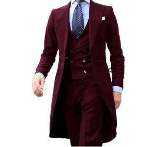 New Arrivel 2021 Long Coat Designs Burgundy Men Suit Gentle mens Tuxedo Prom Blazer Custom 3 Pieces (Jacket+vest+Pants)
