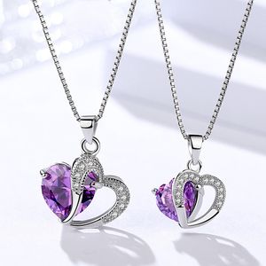 New Authentic 925 Sterling Silver Sparkling Clear Purple Crystal Heart Love Adjustable Necklaces For Women Diy Fashion Jewelry