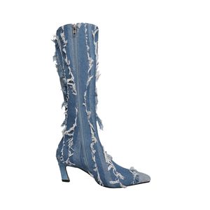 Nouveau automne hiver femmes bottes au genou grande taille 22-26CM bottes de cowboy en denim usé à franges bottes longues à talons hauts avec fermeture éclair latérale pour chaussures de fête pour filles