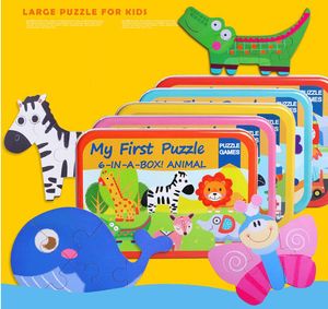 Nouveau jouet pour bébé 6 en 1, ensemble de puzzles, boîte en fer, Total 6 puzzles, jouets en bois, dessin animé Animal/véhicule, cadeau éducatif pour enfant