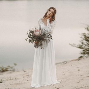 Nouvelle robe de mariée de plage manches longues Boho col en V dos ouvert robes de mariée 2019 en mousseline de soie dentelle robe de mariée novias263x