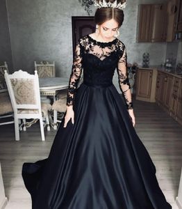 Nouvelles robes de soirée noires robe de fête de bal formelle une ligne bijou à manches longues à manches au sol