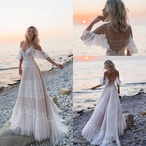 New Boho Beach Wedding Dresses 2020 Off Shoulder Lace Appliques Bridal Gowns Sexy Backless A Line Wedding Dress Robe De Mariee